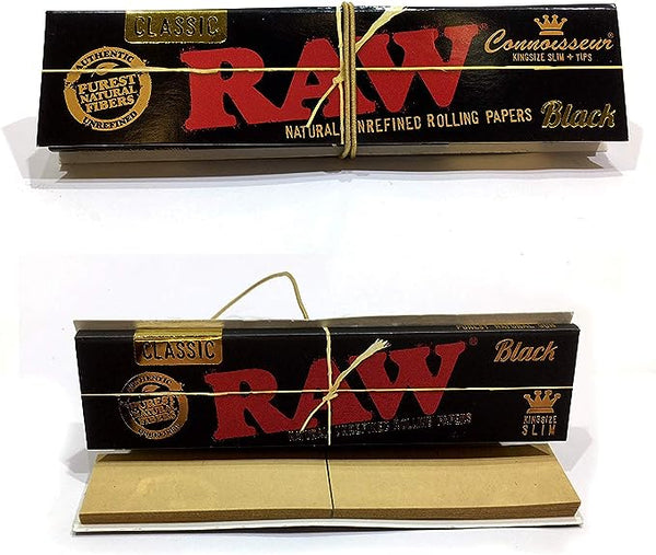Raw - Black Connoisseur King Size Rolling Papers & Tips - Pack of 24